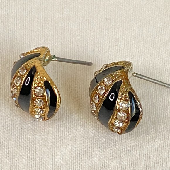 Earrings Womens Black Enamel Clear Rhinestone Diagonal Stripe Studs - Picture 2 of 5